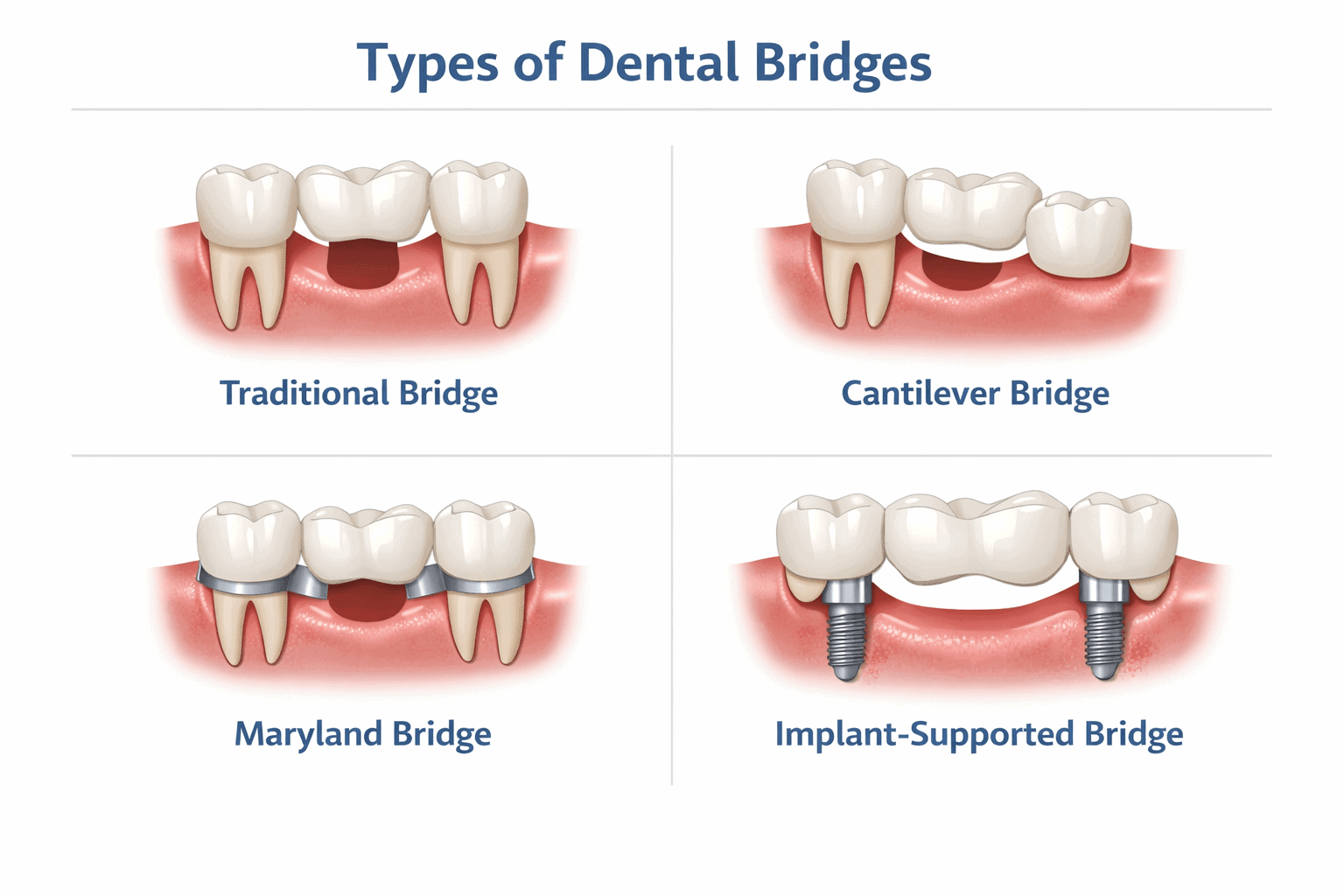 Diagram showing different types of dental bridges, including traditional, cantilever, Maryland, and implant-supported, in Cheltenham